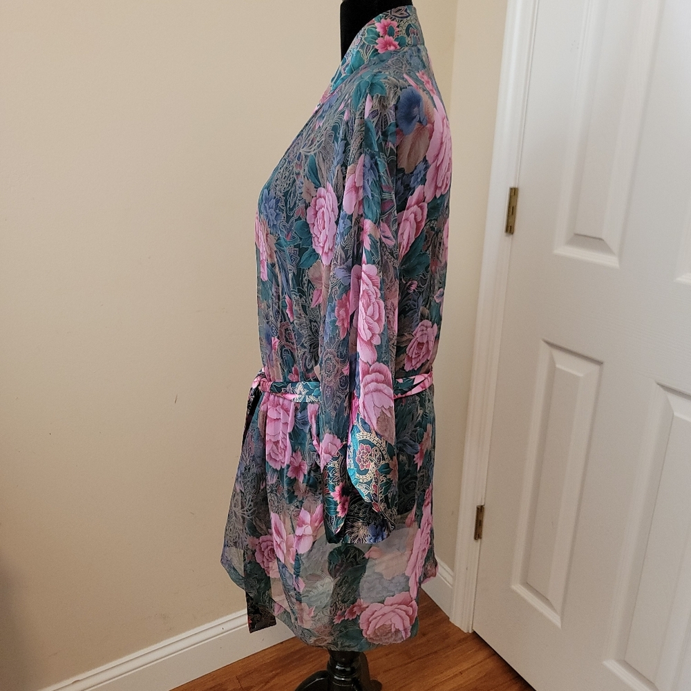 Victoria's Secret Gold Label Vintage Sheer and Satin Green Pink Floral Robe OS - Picture 2 of 9